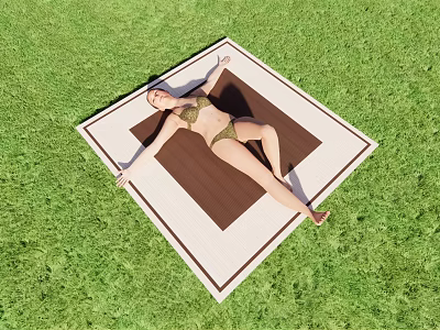 Woman Lying on Brown and White Blanket in Green Grass Area Wearing Bikini 3d model