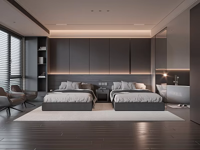 Modern Hotel Guest Room With Two Beds Dark Walls Wardrobes And Wooden Flooring 3d model