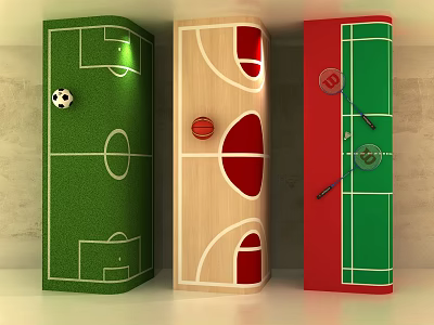 Sports Themed Pillars With Football Basketball Badminton Court Designs And Equipment 3d model