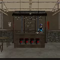 Rustic Restaurant Interior With Wooden Bar Tables Decorative Jars Stone Walls And Hanging Lights