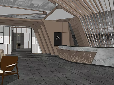 Modern Clubhouse Lobby Reception Design With Marble Countertop And Wooden Geometric Lines 3d model