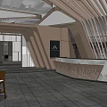 Modern Clubhouse Lobby Reception Design With Marble Countertop And Wooden Geometric Lines