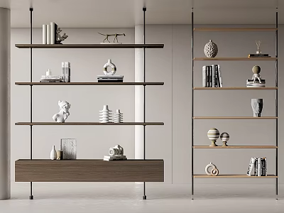 Modern Decorative Cabinet With Wooden Base Metal Frame And Multiple Shelves For Decorative Items 3d model
