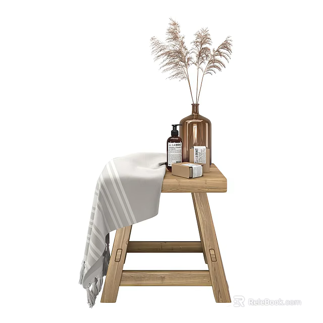 Minimalist Wooden Side Table With Vase Decorative Grass Essential Oil Bottle And Striped Towel 3d model 