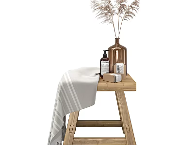 Minimalist Wooden Side Table With Vase Decorative Grass Essential Oil Bottle And Striped Towel 3d model