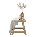 Minimalist Wooden Side Table With Vase Decorative Grass Essential Oil Bottle And Striped Towel