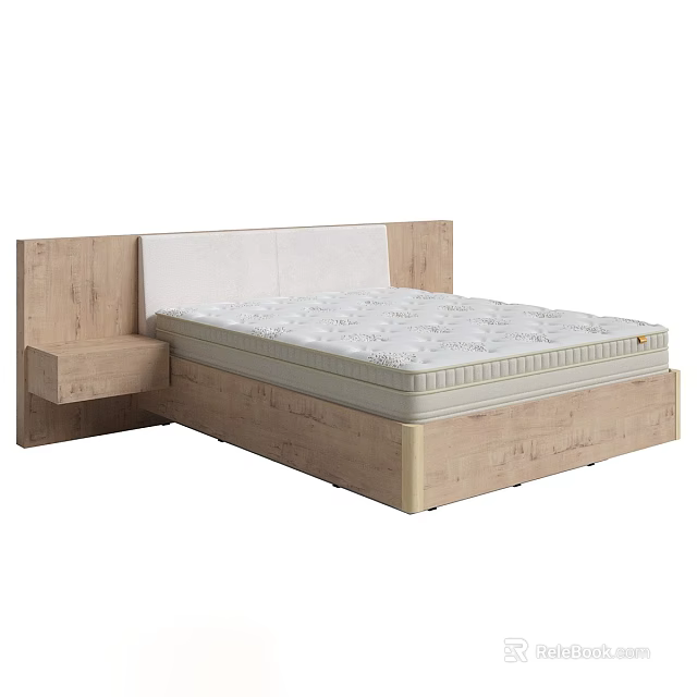 Modern Single Bed With Wooden Headboard Attached Nightstand White Mattress And Wooden Frame 3d model 