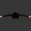 Game Film Female Character In Black Suit Orange Shirt Standing Arms Outstretched On Gray Background