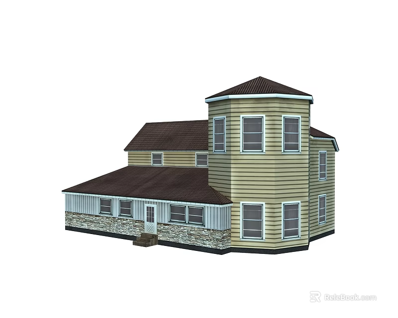 Light Yellow Single Family House With Dark Brown Roof Circular Tower And Stone Base 3d model 