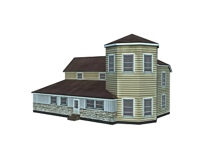 Light Yellow Single Family House With Dark Brown Roof Circular Tower And Stone Base 3d model