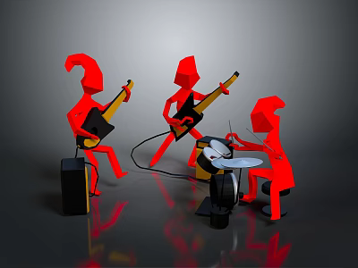 Red Cartoon Characters Performing Music With Guitars Drum And Black Speakers 3d model