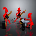 Red Cartoon Characters Performing Music With Guitars Drum And Black Speakers