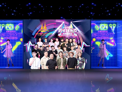 Youth With You Cast Group Photo on Stage With Neon Lights and Colorful Background Design 3d model