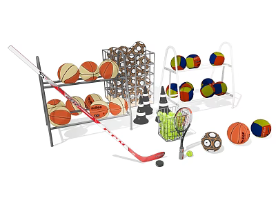 Sports Equipment Collection Including Basketballs Hockey Sticks Tennis Rackets Dumbbells and Storage Racks 3d model