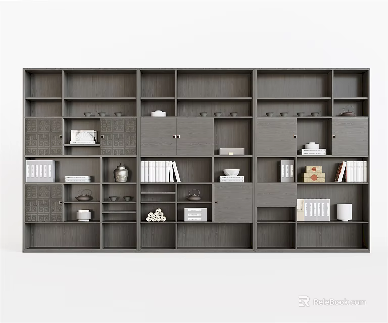 Gray Multi Compartment Bookcase With Books Decorative Items And Storage Solutions 3d model