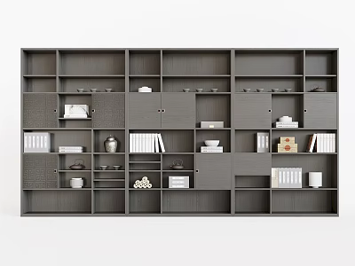 Gray Multi Compartment Bookcase With Books Decorative Items And Storage Solutions 3d model