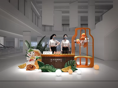 Photo Check-in Spot With Orange Frame Green Plants And Fruit Ornaments In Modern Interior 3d model