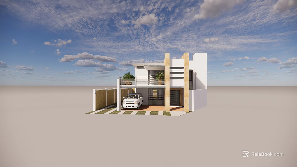 Modern Detached Villa With White Exterior Green Plants And Car In Front 3d model 
