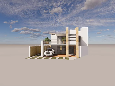 Modern Detached Villa With White Exterior Green Plants And Car In Front 3d model