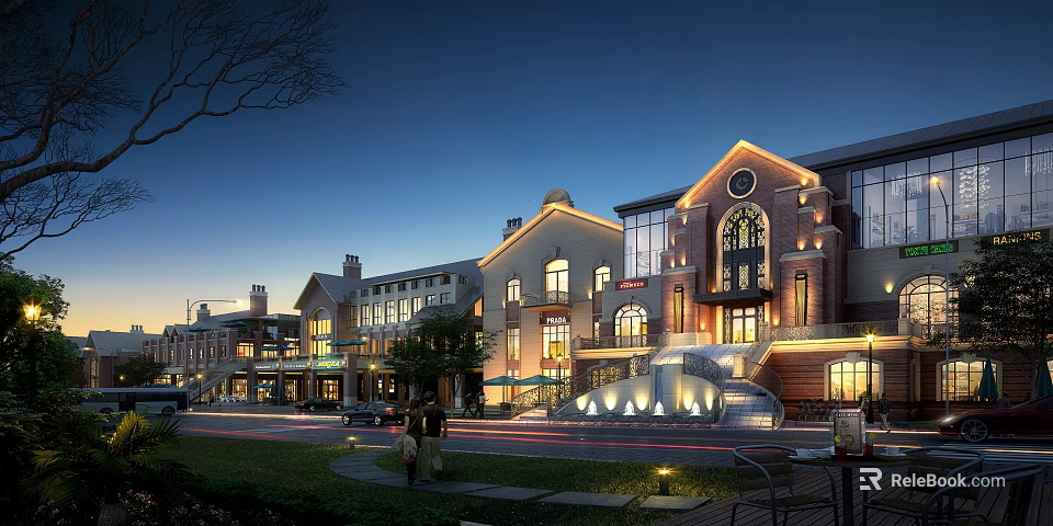 Lively Commercial Street Evening View With Illuminated European Style Architecture Pedestrians And Fountain 3d model 
