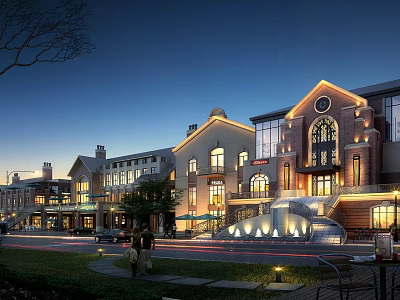 Lively Commercial Street Evening View With Illuminated European Style Architecture Pedestrians And Fountain 3d model