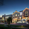 Lively Commercial Street Evening View With Illuminated European Style Architecture Pedestrians And Fountain