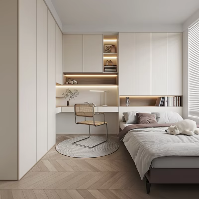 Modern Tatami Bedroom Interior Design With Tatami Bed Desk Storage Cabinets And Soft Lighting 3d model