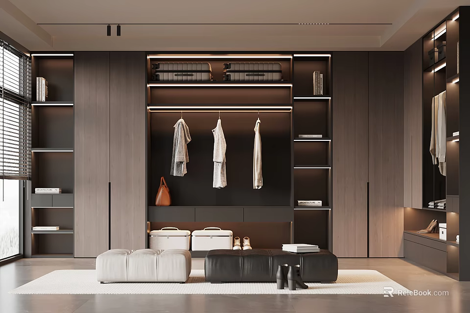 Modern Walk in Closet with Dark Wooden Cabinets Open Shelves Hanging Clothes and Storage Boxes 3d model 