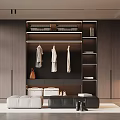 Modern Walk in Closet with Dark Wooden Cabinets Open Shelves Hanging Clothes and Storage Boxes