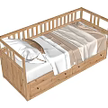 Wooden Single Bed with Railings White Mattress Bedding and Storage Drawers Below