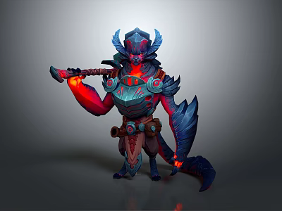 Fierce Game And Movie Character With Horned Helmet Glowing Weapon Hands And Blue Red Armor 3d model