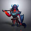 Fierce Game And Movie Character With Horned Helmet Glowing Weapon Hands And Blue Red Armor