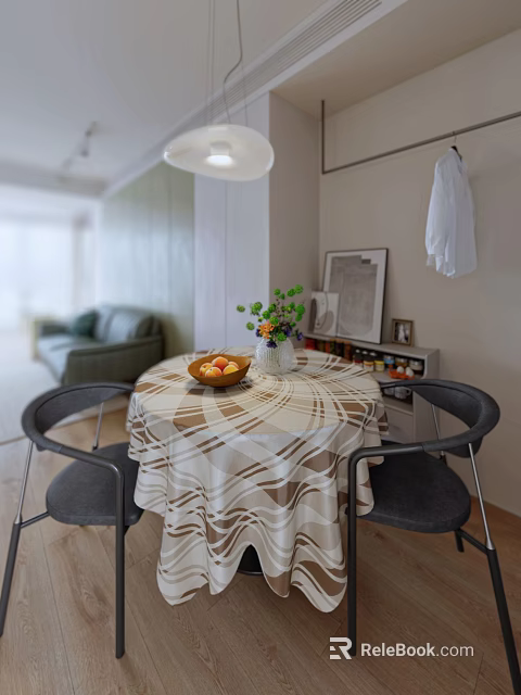 Round Dining Table Set With Striped Tablecloth Fruit Bowl Green Plant Vase And Gray Chairs 3d model 