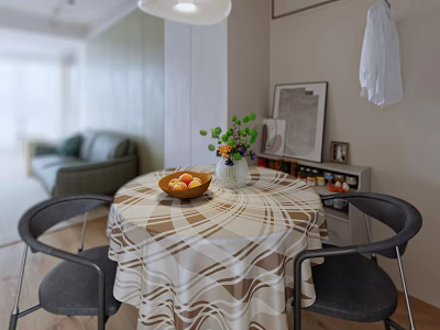 Round Dining Table Set With Striped Tablecloth Fruit Bowl Green Plant Vase And Gray Chairs 3d model