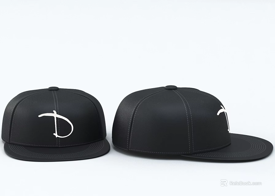 Black Leather Snapback Hats With White Logo And Flat Brim Design 3d model 