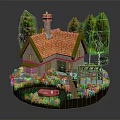 Cartoon Scene With Small House Red Roof Chimney Green Trees Red Flowers Glasshouse And Pink Boat