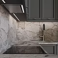 Modern Dark Gray Kitchen Cabinets With Glass Fronts And Stone Backsplash 3d model