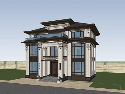 Two Story Traditional Chinese Style Single Family Villa With Large Glass Windows And Dark Roof 3d model