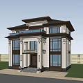 Two Story Traditional Chinese Style Single Family Villa With Large Glass Windows And Dark Roof