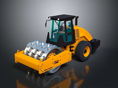 Yellow Road Roller With Cab And Vibratory Drum 3d model