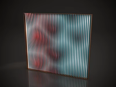 Modern Reception Desk With Red Blue Vertical Striped Design And Copper Frame 3d model