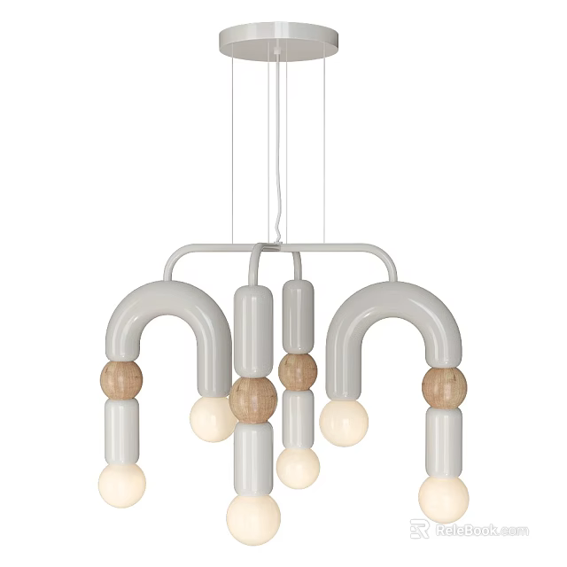 Modern Arched Chandelier With Gray Frame Wooden Balls And White Bulbs Design 3d model 