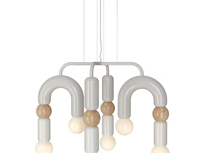 Modern Arched Chandelier With Gray Frame Wooden Balls And White Bulbs Design 3d model