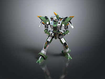 Detailed Green And Silver Mecha Robot With Mechanical Wings In Standing Pose 3d model