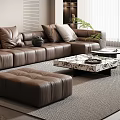 Modern Living Room Interior With Leather Sofa Ottoman Coffee Table And Floor To Ceiling Windows