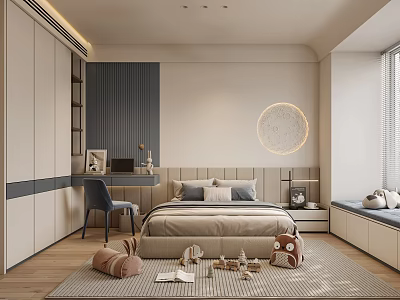 Modern Kids Room Interior With Bed Desk Storage Toys And Round Lamp 3d model
