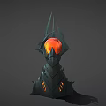 Ornamental Dark Metallic Tower With Spiked Top And Glowing Orange Orb