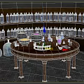 Cartoon Magical Potion Scene With Round Wooden Table Cauldrons Colorful Bottles Shelves And Stone Floor