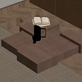 Modern Wooden Coffee Table With Open Book And Metal Container On Layered Geometric Design