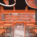 Orange Themed Restaurant Interior With Circular Pendant Lights Open Layout Tables And Chairs 3d model